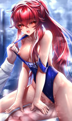 Rule 34 | 1boy, 1girl, been, blue one-piece swimsuit, breasts, censored, clothes pull, clothing aside, collarbone, cowgirl position, dress shirt, drooling, elesis (elsword), elsword, girl on top, hair between eyes, half-closed eyes, hetero, highleg, highleg swimsuit, highres, long hair, long sleeves, medium breasts, mosaic censoring, nipples, off shoulder, one-piece swimsuit, one-piece swimsuit pull, open clothes, open mouth, open shirt, ponytail, red eyes, red hair, sex, shirt, straddling, swimsuit, swimsuit aside, vaginal, very long hair, white shirt