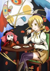 Rule 34 | 10s, 1girl, beret, blonde hair, boots, breasts, chair, charlotte (madoka magica), cheese, corset, cup, detached sleeves, drill hair, fingerless gloves, food, gloves, grin, hair ornament, hat, magical girl, mahou shoujo madoka magica, mahou shoujo madoka magica (anime), md5 mismatch, medium breasts, pleated skirt, ribbon, shirt, sitting, skindentation, skirt, smile, taut clothes, taut shirt, teacup, thighhighs, tk28, tomoe mami, tongue, x x, yellow eyes, zettai ryouiki