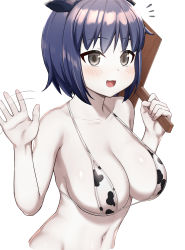 Rule 34 | 1girl, absurdres, animal ears, animal print, bikini, black eyes, blue hair, blush, breasts, cleavage, colored skin, commentary request, cookie (touhou), cow ears, cow print, cowboy shot, cropped torso, highres, holding, holding sign, large breasts, looking at viewer, milk (cookie), murasa minamitsu, navel, notice lines, open mouth, print bikini, revision, short hair, sign, simple background, sinzen, smile, solo, swimsuit, touhou, waving, white background, white skin
