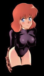Rule 34 | 1970s (style), 1girl, arms behind back, bent over, blue eyes, breasts, brown hair, castle of cagliostro, clarisse de cagliostro, covered erect nipples, cowboy shot, gloves, kikumaru bunta, large breasts, leotard, lupin iii, non-web source, oldschool, retro artstyle, short hair, simple background, skin tight, solo, thighhighs, tms entertainment