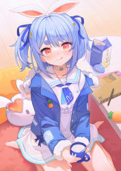 Rule 34 | 1girl, :q, belt, blue hair, blue jacket, blue ribbon, carrot, choker, closed mouth, commentary request, cup, hair ribbon, head tilt, heart, heart-shaped eyewear, highres, holding, holding cup, hololive, jacket, looking at viewer, milk, milk carton, milk mustache, mug, neckerchief, notebook, off-shoulder jacket, off shoulder, on floor, open clothes, open jacket, pen, rabbit-shaped eyewear, red eyes, ribbon, ruien (wu jui-en), sailor collar, sitting, smile, solo, stuffed animal, stuffed rabbit, stuffed toy, sunglasses, thick eyebrows, tongue, tongue out, two side up, usada pekora, usada pekora (casual), virtual youtuber, wooden floor