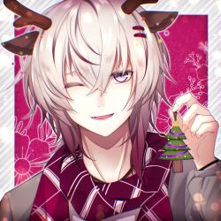 Rule 34 | 1boy, animal ears, antlers, border, christmas ornaments, christmas tree, collar x malice, deer ears, grey hair, highres, horns, jewelry, looking at viewer, male focus, multicolored hair, necklace, okazaki kei, one eye closed, open mouth, purple eyes, red background, red hair, red scarf, reindeer antlers, reindeer boy, scarf, short hair, smile, solo, striped clothes, striped scarf, tiboom, white border, white hair, white scarf