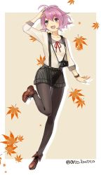 Rule 34 | 10s, 1girl, ahoge, alternate costume, aoba (kancolle), autumn leaves, black pantyhose, black shorts, brown footwear, camera, full body, kantai collection, neck ribbon, open mouth, pantyhose, ponytail, purple hair, red ribbon, ribbon, shirt, shoes, short hair, shorts, smile, solo, striped clothes, striped shorts, suspenders, twitter username, white shirt, yamashichi (mtseven)