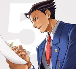 Rule 34 | 1boy, ace attorney, ahoge, badge, black eyes, black hair, breast pocket, capcom, chain, fingernails, grey background, holding, jacket, leaning forward, long sleeves, male focus, necktie, open clothes, open jacket, paper, parted lips, phoenix wright, pocket, red necktie, sideways mouth, solo, spiked hair, teeth, vest