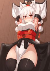 Rule 34 | &gt;:(, 1girl, alternate costume, animal ear fluff, animal ears, arms up, bad id, bad pixiv id, bare shoulders, bdsm, black thighhighs, blush, bolt, bondage, bound, breasts, commentary request, cowboy shot, cuffs, groin, hair between eyes, hat, highres, inubashiri momiji, japanese clothes, kimono, kourindou tengu costume, long sleeves, looking at viewer, medium breasts, nail, no panties, nose blush, obi, pelvic curtain, pom pom (clothes), red eyes, red sash, restrained, sash, shackles, shadow, short hair, silver hair, solo, tassel, tears, thick thighs, thighhighs, thighs, tksand, tokin hat, touhou, v-shaped eyebrows, white kimono, wide sleeves, wolf ears