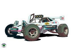 Rule 34 | car, commentary, dune buggy, english commentary, highres, motor vehicle, no humans, shadow, simple background, solo, spoiler (automobile), tamiya incorporated, vehicle focus, walter kim, wheel, white background