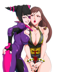 Rule 34 | 2girls, absurdres, alternate costume, alternate hairstyle, bare shoulders, black hair, bodysuit, breast press, breasts, capcom, cheek-to-cheek, chinese clothes, chun-li, cleavage, drill hair, fingerless gloves, gloves, grabbing, han juri, heads together, highres, huge breasts, large breasts, lipstick, long hair, looking at viewer, makeup, multiple girls, nail polish, official alternate costume, open mouth, pelvic curtain, purple eyes, ryohhe, shiny skin, short hair, simple background, smile, street fighter, street fighter v, twin drills, white background, wide hips