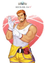 Rule 34 | 1boy, absurdres, artist request, bara, bare shoulders, beard, blue eyes, brown hair, bulge, check artist, cowboy shot, dated, facial hair, gloves, gyee, happy birthday, highres, large pectorals, looking at viewer, male focus, manly, mature male, muscular, muscular male, official art, orange hair, pants, pectoral cleavage, pectorals, rand (gyee), short hair, smile, solo, stubble, tank top, white gloves, white tank top, yellow pants, zifu