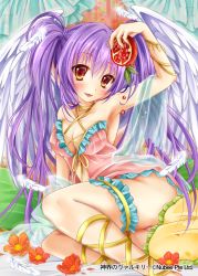 Rule 34 | 1girl, angel wings, ass, bare shoulders, blush, breasts, brown eyes, cleavage, collarbone, company name, feathers, flower, food, holding, holding food, long hair, looking at viewer, medium breasts, picpicgram, purple hair, shinkai no valkyrie, sitting, smile, solo, tongue, tongue out, twintails, wings