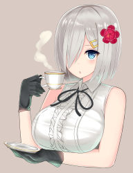 Rule 34 | 10s, 1girl, :o, alternate costume, bare shoulders, black gloves, blue eyes, breasts, cup, drinking, flower, flower on head, gloves, hair flower, hair ornament, hair over one eye, hairclip, hamakaze (kancolle), highres, kantai collection, large breasts, meme attire, mizukoshi (marumi), open mouth, short hair, silver hair, simple background, solo, steam, teacup, virgin killer outfit