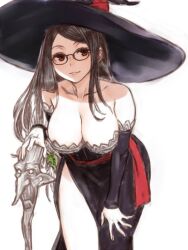 Rule 34 | 1girl, bare shoulders, black dress, breasts, brown hair, character request, check character, check copyright, cleavage, copyright request, dragon&#039;s crown, dress, glasses, hat, holding, holding staff, kahadu (kawazu), large breasts, leaning forward, long hair, looking at viewer, parted lips, red eyes, simple background, smile, solo, sorceress (dragon&#039;s crown), staff, white background, witch hat