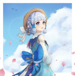 Rule 34 | 1girl, absurdres, ayaka (genshin impact), back bow, blue bow, blue eyes, blue hair, blue sky, blunt bangs, border, bow, braid, butterfly hair ornament, cherry blossoms, cloud, collar, flower, from behind, genshin impact, hair flower, hair ornament, hair up, hat, hat ribbon, highres, kamisato ayaka, kamisato ayaka (springbloom missive), light blue hair, long sleeves, looking at viewer, official alternate costume, official alternate hairstyle, open mouth, pink ribbon, ribbon, sky, smile, solo, togaririi, upper body, white border, white collar, white flower, white ribbon