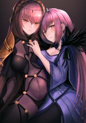Rule 34 | 2girls, armor, black legwear, blush, bodysuit, breasts, brown background, caster (lostbelt), cleavage, commentary request, dual persona, fate/grand order, fate (series), hair between eyes, hand up, head chain, highres, hug, jewelry, kisaragi chiyuki, large breasts, long hair, looking at viewer, multiple girls, navel, necklace, pantyhose, parted lips, pauldrons, red eyes, red hair, scathach (fate), scathach skadi (fate), seductive smile, shoulder armor, smile, standing, thighhighs, very long hair