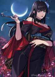 Rule 34 | 1girl, absurdres, bare shoulders, black hair, blue eyes, blunt bangs, blurry, blurry background, breasts, cleavage, crescent moon, eyeshadow, final fantasy, final fantasy xiv, highres, kagematsuri, large breasts, lips, long hair, looking at viewer, makeup, mole, mole under mouth, moon, night, outdoors, red eyeshadow, short sleeves, solo, yotsuyu goe brutus