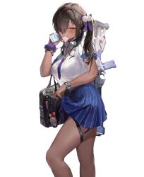 Rule 34 | 1girl, absurdres, bag, brown eyes, brown hair, cellphone, condom, condom in mouth, condom wrapper, dark-skinned female, dark skin, goddess of victory: nikke, gun, hair ornament, hair over one eye, highres, looking at viewer, mouth hold, naga (nikke), nail polish, necktie, official art, phone, pleated skirt, rifle, school uniform, scrunchie, shirt, short necktie, skirt, smartphone, solo, thigh strap, third-party source, watch, weapon, white background, white shirt, wrist scrunchie