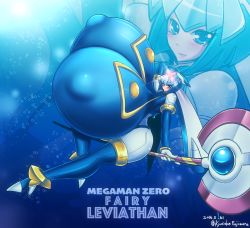 Rule 34 | 1girl, 2016, artist name, blue eyes, blue hair, blush, boots, breasts, character name, copyright name, covered erect nipples, curvy, dated, full body, gigantic breasts, high heel boots, high heels, highres, kyosuke fujiwara, fairy leviathan (mega man), looking at viewer, mega man (series), mega man zero (series), reploid, staff, submerged, thick thighs, thigh boots, thighhighs, thighs