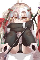 Rule 34 | 1girl, absurdres, ahoge, bell, black panties, black thighhighs, blonde hair, blush, boots, brown eyes, capelet, covered mouth, crossed arms, elbow gloves, fate/grand order, fate (series), fur trim, gloves, green ribbon, hair ribbon, headpiece, highres, holding, holding weapon, jeanne d&#039;arc (fate), jeanne d&#039;arc alter (fate), jeanne d&#039;arc alter santa lily (fate), knees up, lance, looking at viewer, panties, pantyshot, polearm, ranf, red ribbon, ribbon, shadow, simple background, sitting, solo, striped ribbon, thighhighs, thighs, underwear, weapon, white background