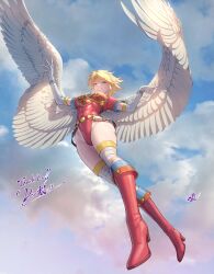 Rule 34 | 1girl, abs, absurdres, armor, bandaged leg, bandages, belt, blonde hair, blue sky, boots, breastplate, breath of fire, breath of fire i, cloud, cloudy sky, commentary, commission, day, elbow gloves, feathered wings, feathers, fujii eishun, full body, gloves, gold trim, green eyes, hair ornament, hairband, hands up, high heel boots, high heels, highleg, highleg leotard, highres, knee boots, leotard, lips, looking at viewer, nina (breath of fire i), outdoors, parted lips, red leotard, short hair, short sleeves, signature, simple background, skeb commission, sky, smile, solo, thighs, wings