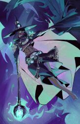 Rule 34 | 1girl, abs, armor, bare legs, barefoot, cape, cheseely, colored skin, crop top, floating, glowing, glowing eyes, grey skin, groin, hades (series), hades 2, hat, hecate (hades), highres, hood, long skirt, mage staff, mask, mouth mask, navel, shoulder armor, skirt, solo, stomach, witch, witch hat