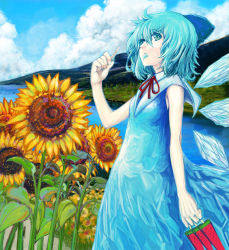 Rule 34 | 1girl, akasia, between fingers, blue eyes, blue hair, bow, cirno, dress, female focus, flower, food, from side, hair between eyes, hair bow, holding, matching hair/eyes, nature, outdoors, popsicle, short hair, sky, solo, sunflower, touhou, water, watermelon bar, wings