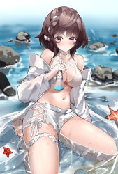 Rule 34 | 1girl, absurdres, arknights, bare shoulders, barefoot, bikini, braid, breasts, brown eyes, brown hair, choker, cleavage, closed mouth, collarbone, highres, holding, jacket, kneeling, large breasts, long sleeves, looking at viewer, makeup brush, navel, o-ring, o-ring choker, ocean, off shoulder, official alternate costume, open clothes, open jacket, pomegranate nana, roberta (arknights), roberta (summer flowers) (arknights), rock, short hair, short shorts, shorts, side braid, smile, solo, starfish, swimsuit, water, white bikini, white choker, white jacket, white shorts