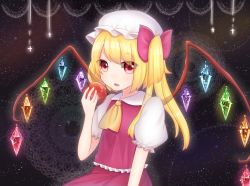 Rule 34 | 1girl, apple, ascot, bad id, bad pixiv id, black background, blonde hair, bow, crystal, fang, flandre scarlet, food, fruit, hat, hat bow, highres, looking at viewer, mob cap, necktie, open mouth, puffy short sleeves, puffy sleeves, red bow, red eyes, red skirt, red vest, shirt, short hair with long locks, short sleeves, side ponytail, skirt, touhou, vest, white shirt, wings, yadoyuki, yellow necktie