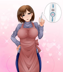 Rule 34 | 1girl, :d, apron, blush, breasts, brown eyes, brown hair, cowboy shot, denim, gradient background, hand on own hip, head tilt, heart, heart background, holding, housewife, impossible clothes, jeans, large breasts, long sleeves, looking at viewer, mature female, mole, mole under eye, nose blush, open mouth, pants, parted bangs, pink background, pregnancy test, pregnant, ribbed sweater, shinken-zemi, short hair, smile, solo, sparkle, speech bubble, standing, sweater, tk (butakuma), turtleneck, zemi mama, zoom layer