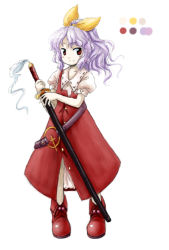Rule 34 | 1girl, color guide, dress, full body, hair ribbon, huyusilver, long hair, looking to the side, official style, parody, ponytail, puffy short sleeves, puffy sleeves, purple hair, red eyes, red footwear, ribbon, sheath, shoes, short sleeves, simple background, solo, style parody, touhou, watatsuki no yorihime, white background, yellow ribbon, zun (style)
