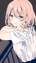Rule 34 | 1girl, blue eyes, blush, brown background, closed mouth, crossed arms, heart, highres, leaning, looking at viewer, medium hair, nail polish, original, pink hair, railing, shirt, short sleeves, signature, simple background, smile, solo, white shirt, yu yu