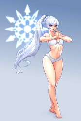 Rule 34 | 1girl, bare legs, bare shoulders, barefoot, bikini, blackmyst, blue background, blue eyes, blue hair, blush, braid, breasts, cleavage, earrings, feet, frilled bikini, frills, full body, hair ornament, half-closed eyes, highres, interlocked fingers, jewelry, legs, lips, long hair, navel, open mouth, pink lips, ponytail, rwby, simple background, snowflakes, solo, standing, stomach, swimsuit, thighs, underwear, very long hair, weiss schnee, white bikini, white hair