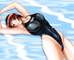 Rule 34 | 1girl, armpits, arms up, blush, breasts, brown eyes, brown hair, cleavage, closed mouth, competition swimsuit, covered erect nipples, eyebrows, eyelashes, female focus, highleg, highleg swimsuit, large breasts, lips, lying, non-web source, on back, one-piece swimsuit, short hair, solo, swimsuit