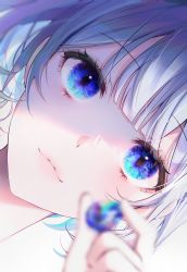Rule 34 | 1girl, 58 (opal 00 58), absurdres, blue eyes, blue hair, blunt bangs, blurry, blurry foreground, close-up, closed mouth, commentary, depth of field, dutch angle, english commentary, eye focus, gem, hand up, highres, holding, holding gem, lips, looking at viewer, original, portrait, simple background, solo, white background