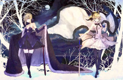 Rule 34 | 2girls, alternate costume, artoria pendragon (fate), bare shoulders, blonde hair, cape, elbow gloves, fate/stay night, fate/unlimited codes, fate (series), gloves, green eyes, hachini, multiple girls, saber (fate), saber alter, saber lily, sky, sword, thighhighs, weapon, yellow eyes