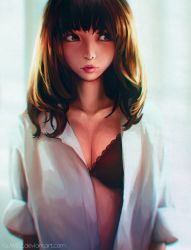Rule 34 | 1girl, arms at sides, blunt bangs, bow, bow bra, bra, breasts, brown eyes, brown hair, chromatic aberration, cleavage, collarbone, eyelashes, eyeshadow, gradient background, guweiz, highres, ilya kuvshinov (style), lips, lipstick, long hair, looking away, looking to the side, makeup, nose, open clothes, open shirt, original, parted lips, purple bra, realistic, shirt, sleeves rolled up, solo, striped, striped background, underwear, upper body, white shirt