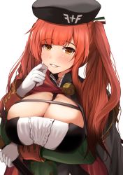Rule 34 | 1girl, absurdres, azur lane, beret, blush, breasts, buttons, cape, cleavage, commentary request, eyelashes, gloves, hat, highres, holding, holding weapon, italian flag, kanzaki kureha, large breasts, long hair, parted lips, red hair, smile, solo, twintails, uniform, upper body, very long hair, weapon, white gloves, yellow eyes, zara (azur lane)