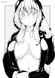 Rule 34 | 1girl, breasts, closed mouth, grey background, greyscale, hair between eyes, hair over shoulder, hood, hood up, hooded jacket, jacket, kichihachi, large breasts, long hair, looking at viewer, monochrome, navel, no bra, open clothes, open jacket, original, outside border, simple background, solo, stomach, sweat, twitter username, unzipped, unzipping, upper body