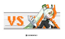 Rule 34 | 1girl, artist name, black coat, closed mouth, coat, creatures (company), extraspiky, fighting miku (project voltage), game freak, gloves, green hair, hatsune miku, long hair, multicolored hair, necktie, nintendo, orange hair, pixel art, pokemon, project voltage, simple background, solo, upper body, very long hair, vocaloid, vs, white gloves, white hair, white necktie
