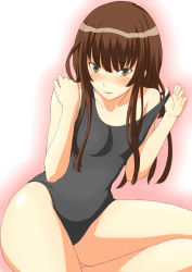 Rule 34 | 1girl, amagami, black one-piece swimsuit, blush, brown eyes, brown hair, competition swimsuit, kamizaki risa, long hair, one-piece swimsuit, school swimsuit, shouji nigou, solo, strap slip, swimsuit, teasing, undressing