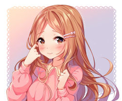 Rule 34 | 1girl, adjusting hair, artist name, blush, borrowed character, brown eyes, brown hair, closed mouth, collared dress, commission, dress, gradient background, hair ornament, hairclip, hand in own hair, hand up, hyanna-natsu, lips, long hair, long sleeves, looking at viewer, original, parted bangs, pink dress, puffy long sleeves, puffy sleeves, solo, tareme, upper body