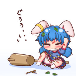 Rule 34 | 1girl, animal ears, bloomers, blue dress, blue hair, bobby socks, chibi, clenched teeth, dress, closed eyes, grouse01, injury, kine, leaf, low twintails, mallet, pain, puffy short sleeves, puffy sleeves, rabbit ears, seiran (touhou), short sleeves, simple background, socks, solo, teeth, touhou, translated, twintails, underwear, upskirt