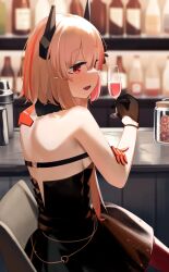 Rule 34 | 1girl, absurdres, bar (place), bare shoulders, black dress, black gloves, blonde hair, blurry, blurry background, cup, dress, drinking glass, fang, from behind, girls&#039; frontline, gloves, highres, hinami047, holding, holding cup, long hair, m4 sopmod ii (devourer of the feast) (girls&#039; frontline), m4 sopmod ii (girls&#039; frontline), mechanical arms, multicolored hair, official alternate costume, on chair, open mouth, red eyes, red hair, single mechanical arm, sitting, sleeveless, sleeveless dress, smile, solo, wine glass
