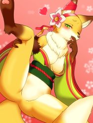 Rule 34 | 1girl, breasts, female focus, flower, fox, furry, furry female, glin (artist), green eyes, japanese clothes, no nipples, no pussy, open mouth, plant, solo, spread legs