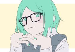 Rule 34 | 1other, alternate costume, androgynous, aqua eyes, aqua hair, head rest, colored eyelashes, contemporary, diffndk, glasses, green eyes, green hair, houseki no kuni, looking at viewer, no nose, phosphophyllite, short hair, smile, solo, upper body, vest