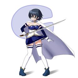Rule 34 | 1girl, black hair, cape, collarbone, cosplay, full body, glasses, gloves, hair between eyes, hakamichi shizune, holding, holding sword, holding weapon, katawa shoujo, looking to the side, magical girl, mahou shoujo madoka magica, mahou shoujo madoka magica (anime), mike angel, miki sayaka, miki sayaka (cosplay), short hair, simple background, solo, sword, thighhighs, unsheathed, weapon, white background, white thighhighs, zettai ryouiki