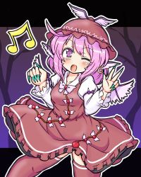 Rule 34 | 1girl, animal ears, beamed eighth notes, bird ears, bird wings, blush, brown dress, brown hat, brown thighhighs, dress, earrings, eruru (erl), fingernails, frilled dress, frilled sleeves, frills, green nails, hair between eyes, hat, highres, jewelry, long fingernails, long sleeves, musical note, mystia lorelei, nail polish, one eye closed, open mouth, pink eyes, pink hair, sharp fingernails, short hair, single earring, smile, solo, thighhighs, touhou, white wings, winged hat, wings