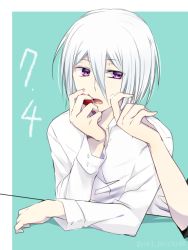 Rule 34 | 10s, 1boy, aqua background, bad id, bad pixiv id, cardfight!! vanguard, cardfight!! vanguard g, dated, food, fruit, male focus, open mouth, purple eyes, simple background, solo, strawberry, teeth, white hair, yahagi kyou