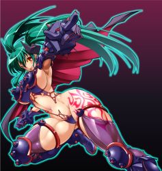Rule 34 | 1girl, armor, armpits, boots, breasts, cape, copyright request, curvy, fang, green hair, large breasts, legs, long hair, long legs, muscular, one eye closed, pointing, rakko (r2), red eyes, sideboob, solo, tattoo, thick thighs, thighhighs, thighs, twintails, wide hips