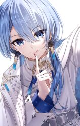 Rule 34 | 1girl, belt, blue eyes, blue hair, blush, bright pupils, closed mouth, commentary, cuckoo ki, dutch angle, eyelashes, eyes visible through hair, grey belt, hair between eyes, hand up, highres, hololive, hoshimachi suisei, hoshimachi suisei (8th costume), hoshimachi suisei (oriental suit), index finger raised, jacket, lips, long hair, long sleeves, looking at viewer, low ponytail, nail polish, open clothes, open jacket, red nails, shirt, simple background, smile, solo, split mouth, straight hair, tsurime, upper body, virtual youtuber, white background, white jacket, white shirt, wide sleeves