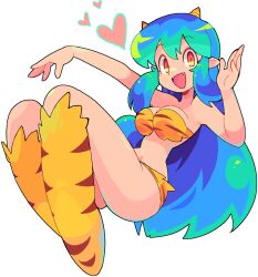 Rule 34 | 1girl, alien, bacun, bikini, blue hair, boots, breasts, cone horns, fangs, green hair, heart, horns, long hair, looking at viewer, lum, medium breasts, multicolored hair, navel, oni, open mouth, pointy ears, sidelocks, smile, solo, striped bikini, striped clothes, swimsuit, thigh boots, thighs, transparent background, urusei yatsura, very long hair, yellow bikini, yellow eyes