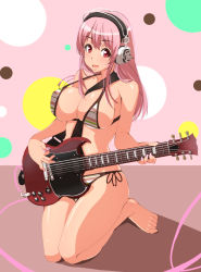 Rule 34 | 1girl, bikini, blush, breasts, electric guitar, female focus, fingernails, guitar, headphones, highres, instrument, kneeling, large breasts, long hair, looking at viewer, mikaponcho, nail polish, navel, nitroplus, open mouth, pink hair, plectrum, red eyes, shiny skin, side-tie bikini bottom, skindentation, smile, solo, strap gap, striped bikini, striped clothes, super sonico, swimsuit